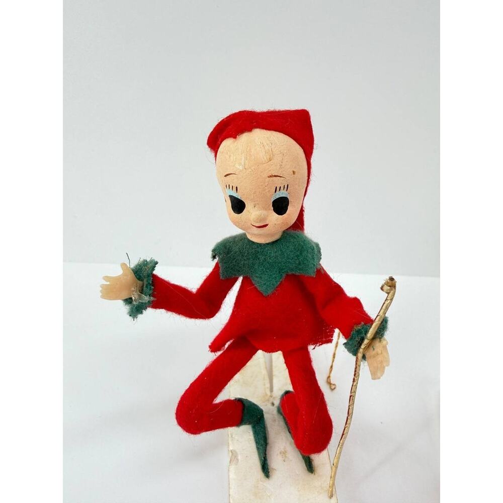 Vintage Christmas Elf Pixie Skier Dolls Plastic Felt Ski Holiday Decor Set - Picture 3 of 10